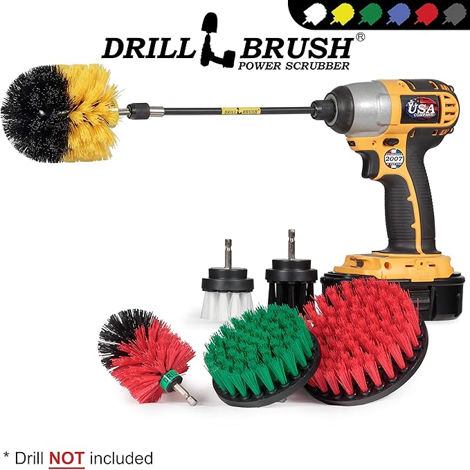 Ultimate Drillbrush Variety Kit with Long Reach Extension - Power Scrubber - Glass Cleaner - Bathroom Accessories - Shower Cleaner - Kitchen Accessories - Deck Brush – Grout Cleaner - Garden Statues