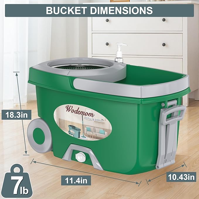 Dual Compartment Spin Mop and Bucket, Mop and Bucket with Wringer Set,360°Rotating Spinning Mopping for Floor Cleaning with 3 Microfiber Replacement Heads, 61" Extended Handle, 2X Wheel - Deep Green