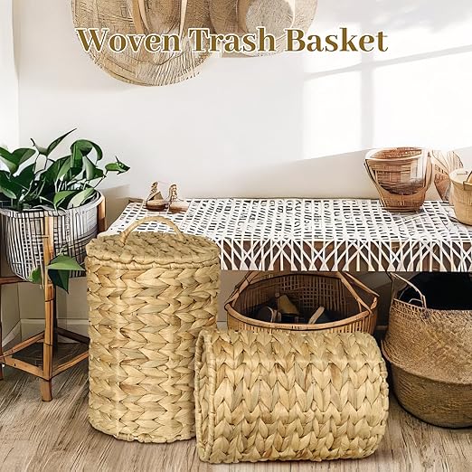 Boho Wicker Trash Can with Lid,Bathroom Trash Can with Trash Bags Hand Woven Water Hyacinth Trash Basket for Kitchen Bedroom Office