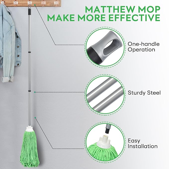 Matthew Microfiber Mop Replacement Pack with Stainless Steel Spin Mop Handle - 54" Green (2 Mops w/1 Handle)