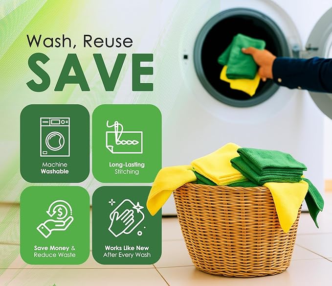 Microfiber Cleaning Cloths 16"x16" - Ultra Absorbent Cleaning Rags for Housekeeping - Reusable Microfiber Towels in Yellow and Green - Detailing Supplies for Kitchen Car Windows 10 Pack