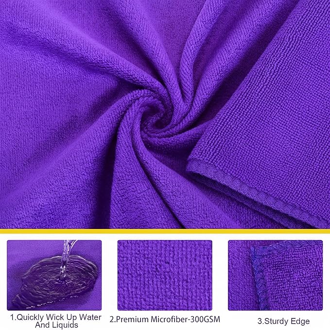 90 Pcs 15.75 Inch Microfiber Cleaning Cloths with 300 GSM Absorbent Fabric for Cars Windows Kitchen Household Surfaces and Drying Towels(Purple)