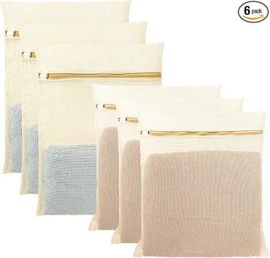 6Pcs Organic Cotton Mesh Laundry Bags for Delicates, Durable Mesh Wash Bags, Sturdy Zipper Laundry Bag for Underwear, Clothes, Shoes, Socks, (3 Large, 3 Medium)