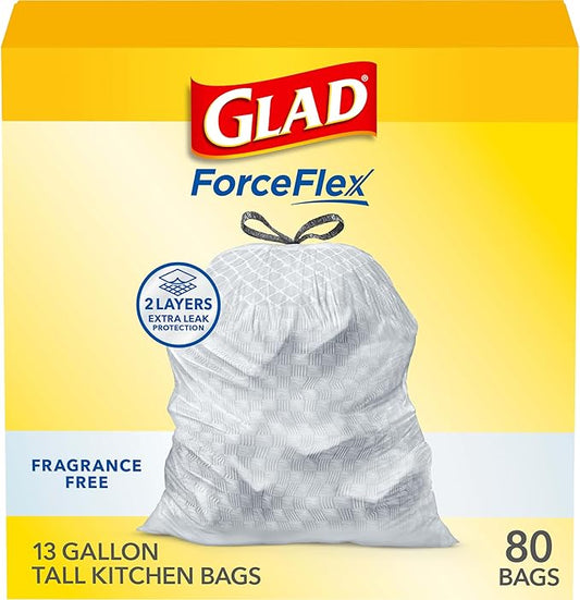 Glad ForceFlex Tall Kitchen Drawstring Trash Bags, 13 Gal, Fragrance Free, 80 Ct (Package May Vary)