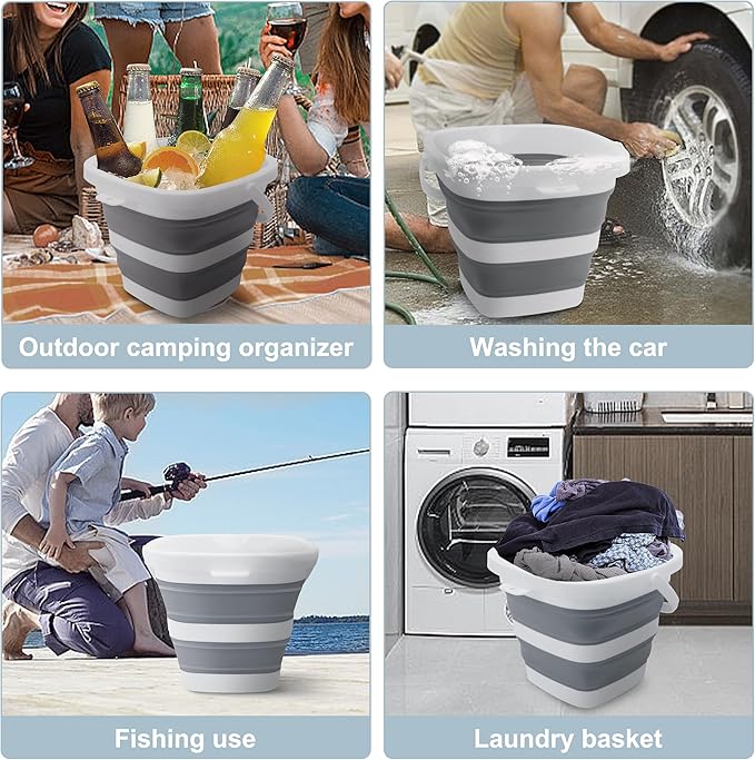 2 Pack Small Collapsible Buckets, 1.4Gal/5L BPA-Free - Foldable Water Pails for Car Washing, Camping, Beach - Portable Lightweight Storage Set for Outdoor, RV, Travel (Grey)