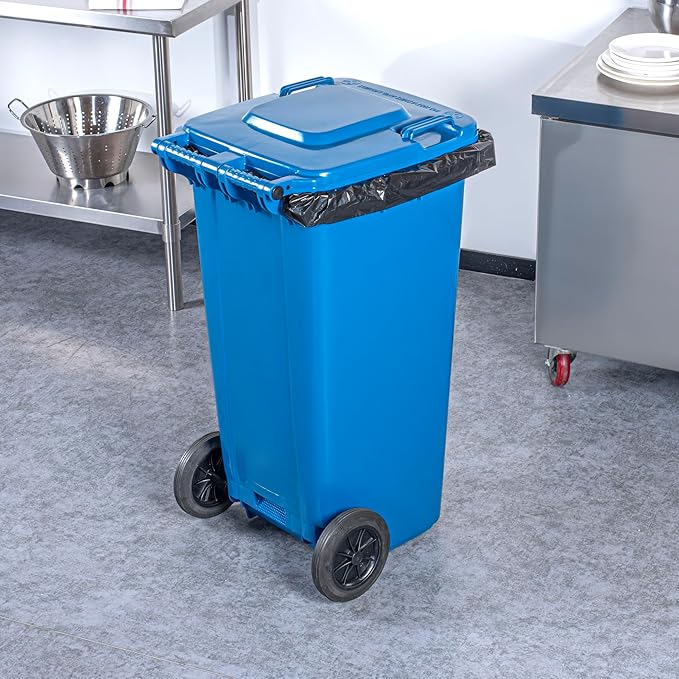 Restaurantware-Clean Tek Professional 32 Gallon Trash Can With Wheels, 1 Garbage Can With Lid - Step-On Attachment Sold Separately, Rectangle, Blue Plastic Dustbin, Long-Lasting, For Outdoor
