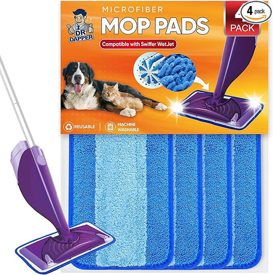 DR DAPPER Reusable Wet Jet Pads Compatible with Swiffer WetJet Mop, 4 Pack Wet Jet Refills, Reusable Wet Pads, Microfiber Mop Pad Refills for Floor Mopping and Cleaning, Wet & Dry Use Refills, Blue