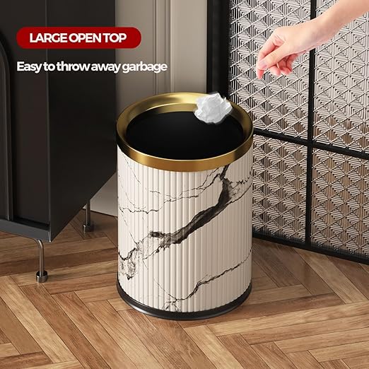 Small Fancy Bathroom Trash Can, Metal Trash Can Covered with Leather, Open Top, Hide The Garbage Bag，Bathroom, Living Room, Bedroom, Office, Bank, Hotel (12L-Ink Painting)