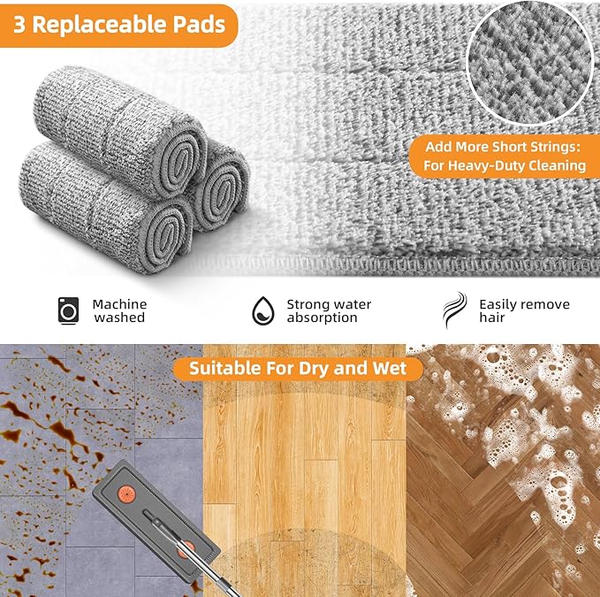 MOPALL Mop and Bucket with Wringer Set for Home, Hands-Free Flat Mop and Bucket Set for Floor Cleaning and Window Wall Cleaner, Wet and Dry Mop with 61" Long Handle and 3 Microfiber Pads