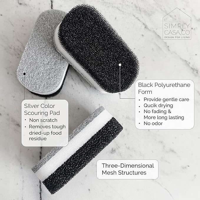 Kitchen Dish Cleaning Sponges - Pack of 6 | Non-Scratch & Fast-Drying | Reusable Scrubbers for Kitchen & Household Use | Stylish Black & White Design