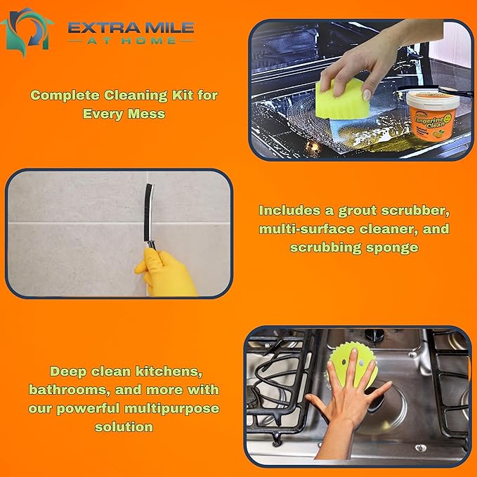 Tangerine Clean All-Purpose Household Cleaner Kit - 99% Plant-Based Cleaning Paste with Brush & Scrubber - Grout Cleaner for Tile Floors & Cleaning Tools for Sink, Stove, Kitchen, Shower & Bathroom