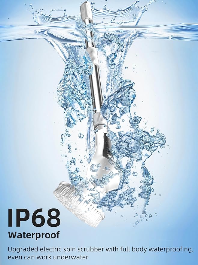 Electric Spin Scrubber,Cordless Shower Scrubber with Power Display Screen,IP68 Waterproof Bath Cleaning Brush,Adjustable Extension Handle & 2 Speeds,Electric Cleaning Brush for Bathroom,Kitchen,Tub