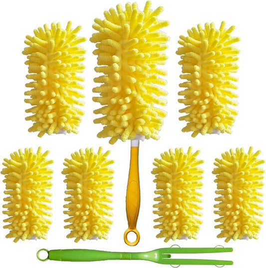 Duster Refill for Swiffer Duster, Reusable Duster Refill Compatible with Swiffer Hand Duster, 360° Heavy Duty Washable Microfiber Dusters for Cleaning, 6 Pack & 1 Handle, Yellow