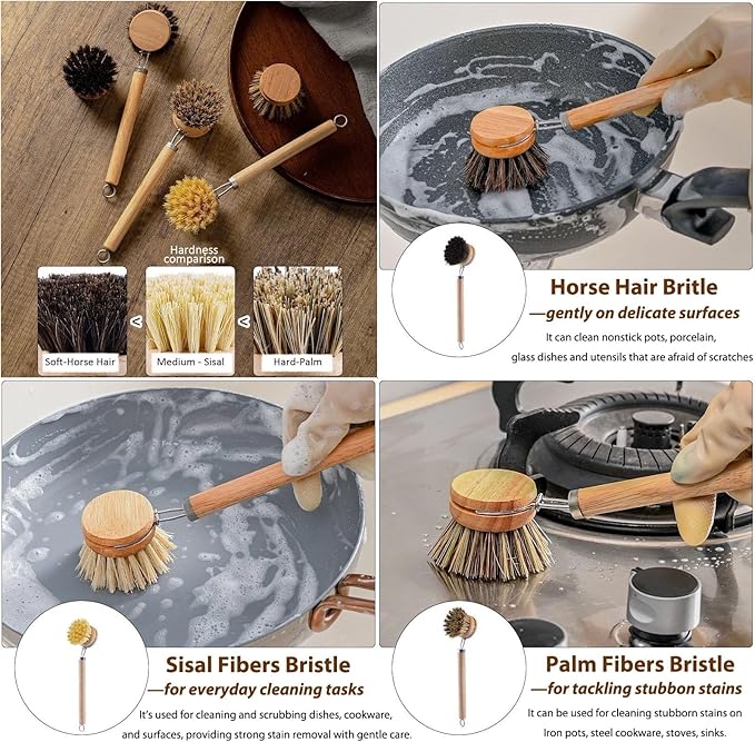 Bamboo Dish Brush with Handle, 1 Sturdy Wooden Handle with 3 Natural Bristle Heads, Horsehair, Sisal, Palm - All Purpose Kitchen Scrubber, Bamboo Wok Brush, Fruit and Veggie Scrubber