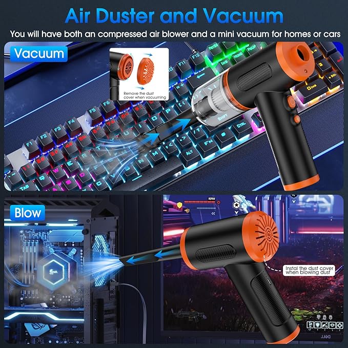 Compressed Air Duster, 100000RPM Handheld Car Vacuum/Air Blower& Pump, 3 Gear Adjustable Electric Air Duster/Car Vacuum Cleaner, Keyboard Duster with LED Light-10 Kits Air Blower for Computer(Orange)