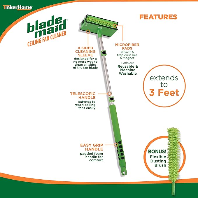 Blade Maid Ceiling Fan Blade Cleaner & Flexible Dusting Brush | Extendable Pole for High Ceilings, Reusable Microfiber Pads, Wall Duster, Removes Cobwebs| Size 3 feet (Pack of 1)