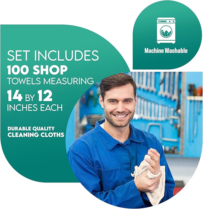 ZUPERIA Cotton Shop Towel – Multipurpose Cleaning Cloths (14" x 12" - Pack of 500 - White) Reusable Shop Rags for Automobiles, Industrial, Restaurants, Garage, and Homes