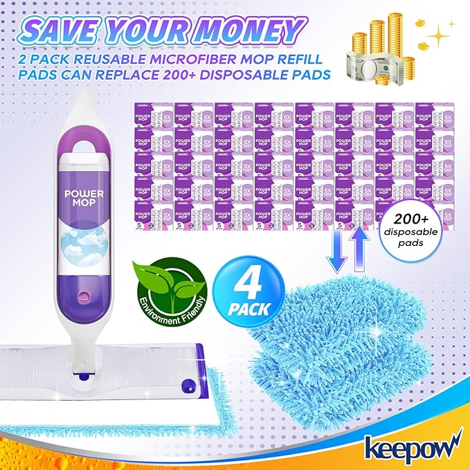 KEEPOW Reusable Mop Pads for Swiffer PowerMop - Microfiber Wet Mops Refills PowerMop Pads Refills Machine Washable Hard Floor Mop Pads Replacement for 13''-15'' Spray Floor Mops 4 Pack