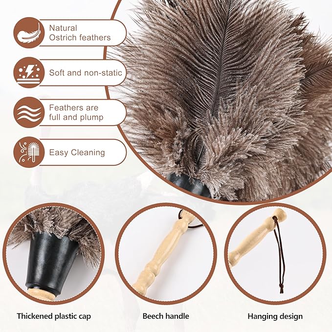 Ostrich Feather Duster 14" Natural Handheld Reusable Feathers Dusters with Wooden Handle for Cleaning Supplies Home Car Office(6PCS)