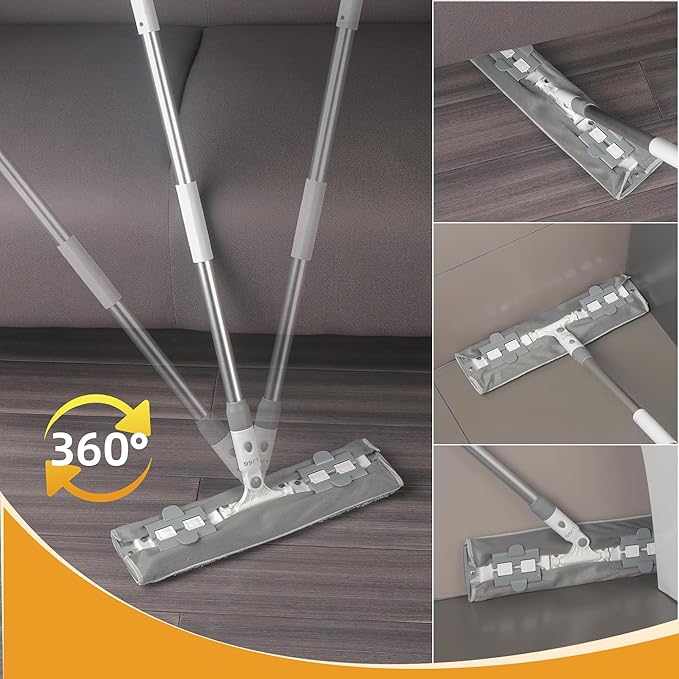Flat Microfiber Mop for Floor Cleaning, 15.7 in (40 cm) Aluminum Base, 4-Section Aluminum Handle 52 in, Dry & Wet Use, 4 Washable Pads, Debris Scraper – LJGG (Gray/White)