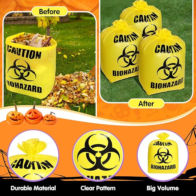 Qilery 4 Pcs Large Halloween Leaf Trash Bags Outdoor Plastic Lawn Waste Bags Biohazard Party Trash Bag Halloween Garden Outdoor Biohazard Zombie Party Decorations