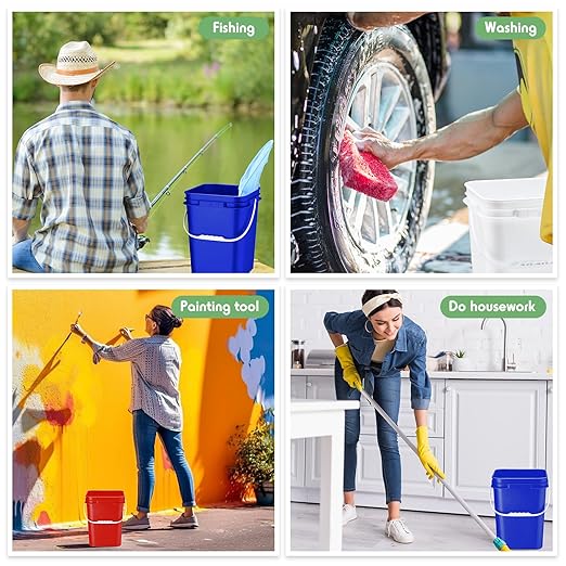 Vesici 6 Pcs 5 Gallon Food Grade Square Buckets with Lids 5 Gal Plastic Food Storage Square Bucket Heavy Duty Industrial Pail Container with DIY Label Stickers Handles for Water Painting(Multicolored)