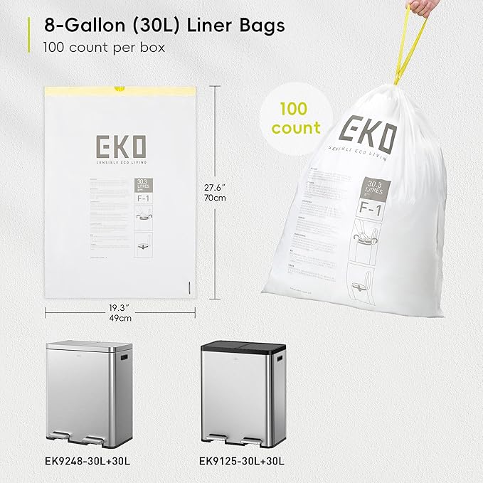 EKO 8 Gallon / 30.3 Liter,100 Count Drawstring Trash Bags, Extra-Strong Unscented Garbage Bags, Easy-Dispense Roll for Kitchen & Household Use, Resists Tears, Leaks and Punctures, Code F-1, White