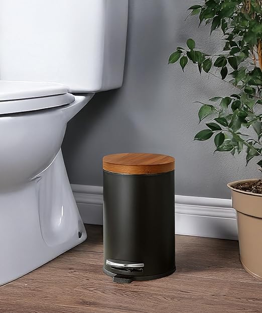 SunnyPoint Elite Bamboo Lid 4.5 Liter / 1.2 Gallon Round Trash Can with Plastic Inner Bucket; Bathroom, Office, Kitchen and Bedroom Step On and Slow Close (Black)