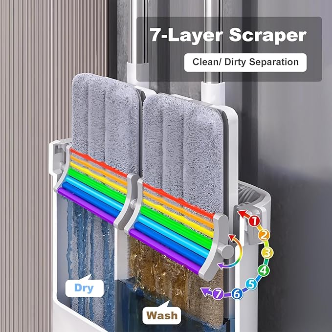 Mop and Bucket with Wringer Set for Home, Flat Mop and Bucket System, Mops for Floor Cleaning and Wall Cleaner, with 2 Reusable Microfiber Mop Pads