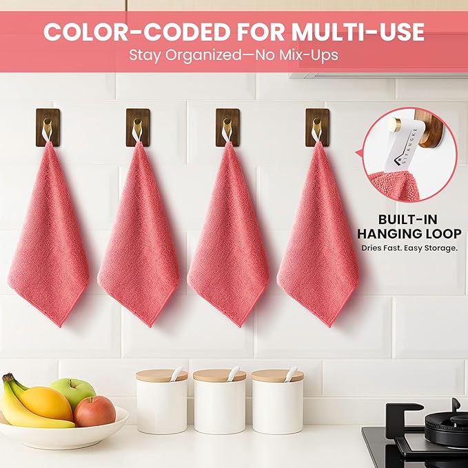 Microfiber Cleaning Cloth, 12 Pack Pink Cleaning Rags for Housekeeping, Reusable Microfiber Towels for Car, Kitchen, Bathroom and Household Cleaning Supplies, 11.8"X11.8"