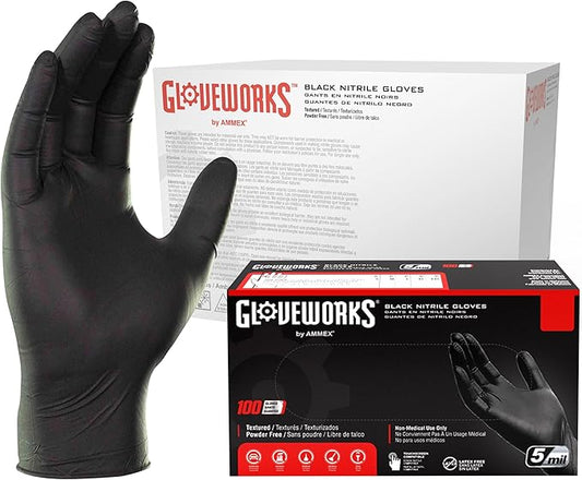GLOVEWORKS Black Nitrile Gloves Disposable Latex Free, 5 Mil Industrial, For Mechanic, Cleaning, Cooking, Kitchen, Food Grade