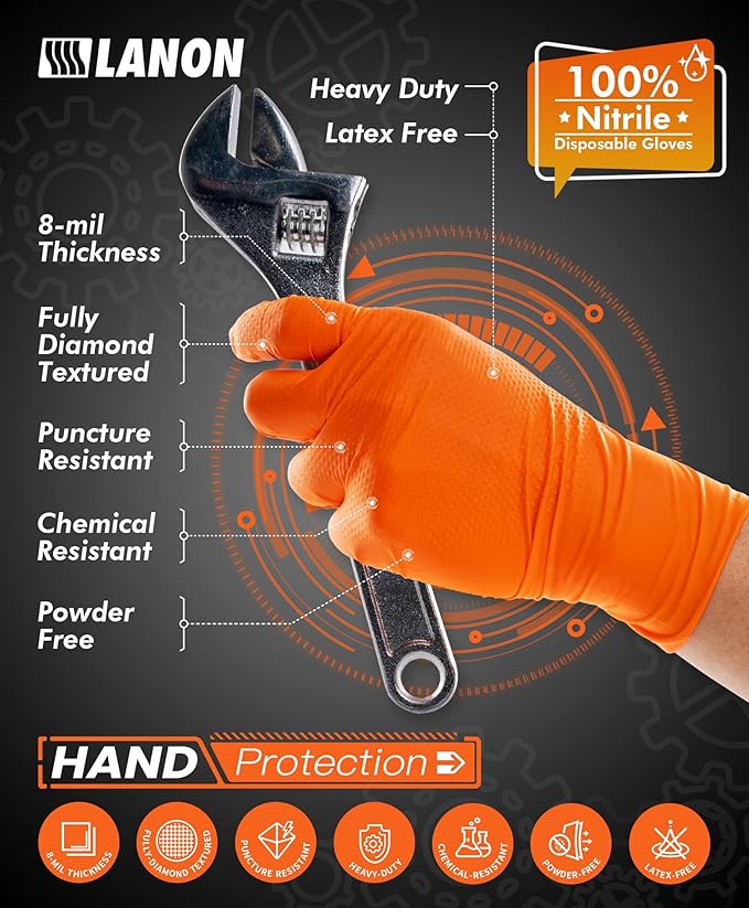 LANON 8mil Orange Disposable Nitrile Gloves, Mechanic, Heavy Duty, Food Safe, Latex Free, Powder Free, Fully-Diamond Textured, XL