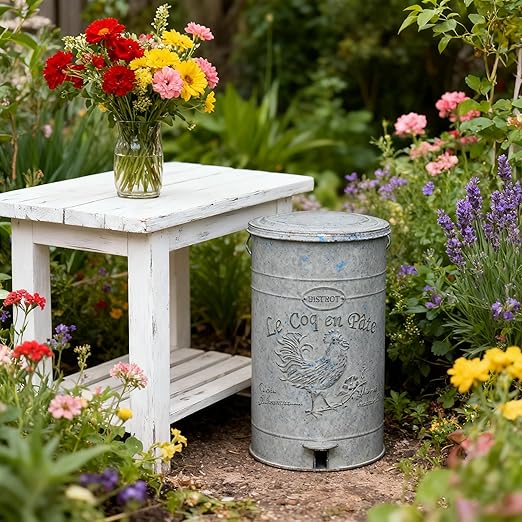 Farmhouse Metal Trash Can with Lid Retro Step Pedal Garbage Cans Vintage Round Step-On Waste Container with Removable Inner Bucket for Kitchen Bathroom Bedroom Toilet Office Garden Outdoor 15 Liter