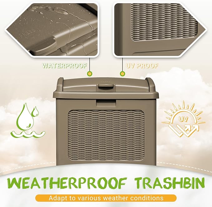 YESHOMY 33 Gallon Resin Outdoor Trash Can with Lid, Hideaway Waterproof Patio Garbage Bin, Coffee