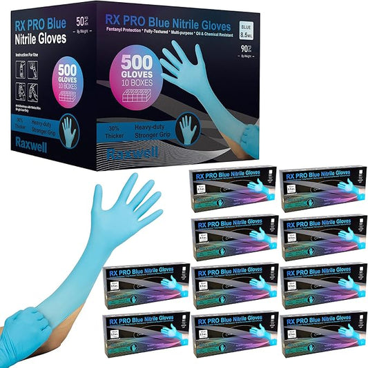 Raxwell Blue Nitrile Disposable Gloves, Latex Free Food Grade, 8.5mil, Extended Cuff, Waterproof, Ambidextrous, Textured Grip