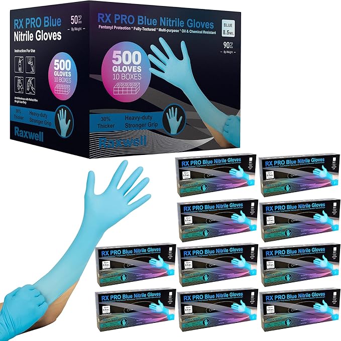 Raxwell Blue Nitrile Disposable Gloves, Latex Free Food Grade, 8.5mil, Extended Cuff, Waterproof, Ambidextrous, Textured Grip