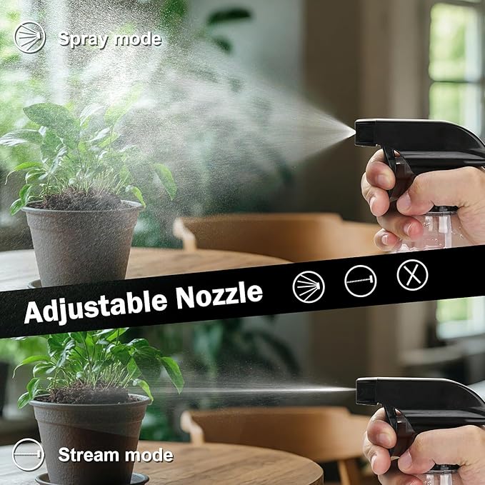 Spray Bottles Plastic Spray Bottle for Hair Mist/Stream Heavy Duty Empty Spray Bottles for Cleaning Solutions, Plants, Cooking (16.9oz-Blackclear+nozzle)