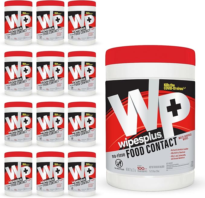WIPESPLUS No-Rinse Food Contact Wipes Canister Multi-Surface Wipes, Unscented for Home and Business, 1200 Count, (12 Packs of 100)