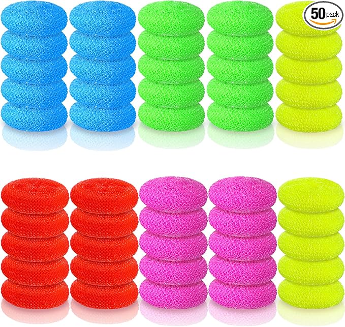 Uiifan 50 Pcs Plastic Dish Scrubbers for Dishes Nylon Dish Scrubber Plastic Pot Round Non Scratch Mesh Pot Scrubber Pads for Kitchen Household Cleaning, 5 Colors