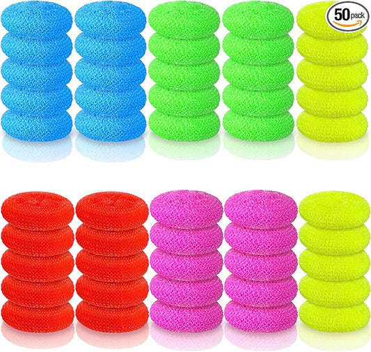 Uiifan 50 Pcs Plastic Dish Scrubbers for Dishes Nylon Dish Scrubber Plastic Pot Round Non Scratch Mesh Pot Scrubber Pads for Kitchen Household Cleaning, 5 Colors
