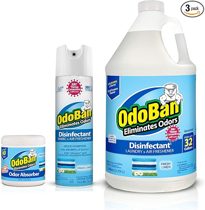 OdoBan Multipurpose Cleaner Disinfectant and Harsh Smell Eliminator Fabric/Air Freshener Pack: Ready-to-Use 360-Degree Continuous Spray, 1 Gallon Concentrate, Solid Smell Absorber, Fresh Linen Scent