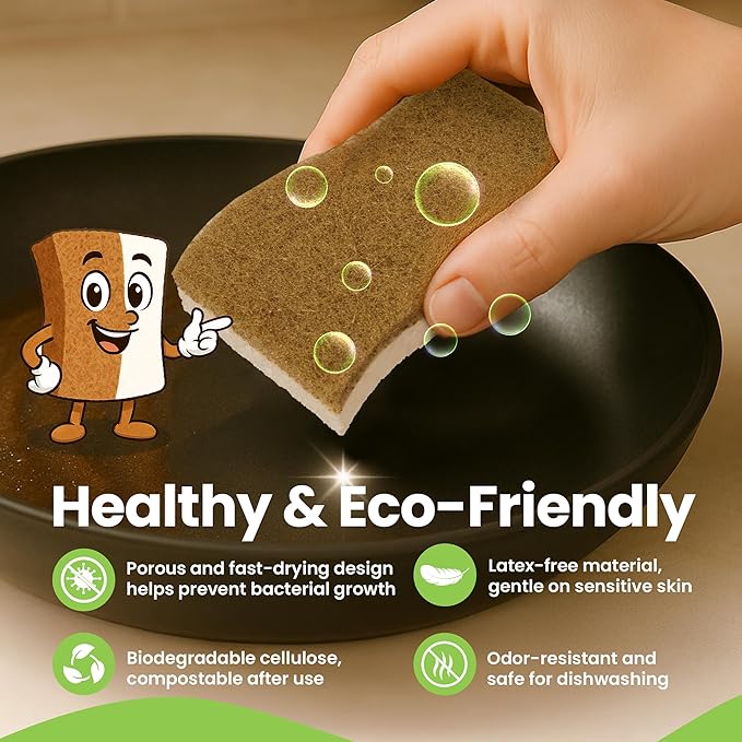 Natural Kitchen Sponges Pack of 12 - Biodegradable Compostable Cellulose & Coconut Scrubber Sponge with Non-Scratch - Long Lasting, Eco Friendly Sponges for Dishes, Heavy Duty Dish Scrubber