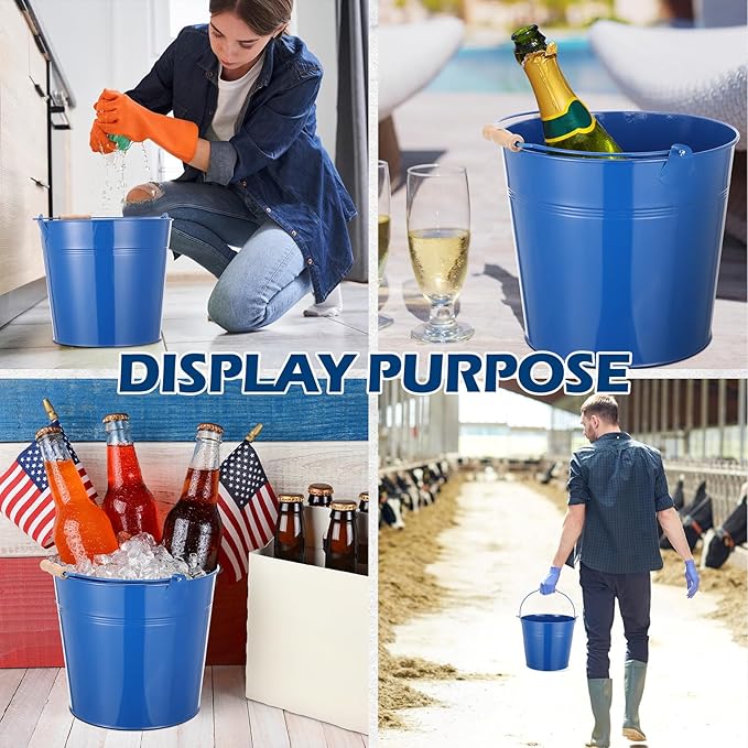 12 Pcs Large Galvanized Metal Buckets with Handle 10 Inch Heavy Duty Stainless Steel Pails Round Pail for Party Wedding, Crafts, Utensils, Table Centerpieces (Royal Blue)