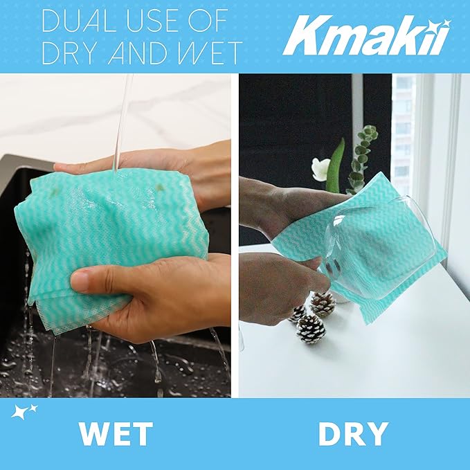 KMAKII Reusable Heavy Duty Cleaning Cloths – Multi-Purpose Dish Towels & Wipes for Kitchen & Home, Super Absorbent, 12 x 12 in (30 x 30 cm), Green, 50 Pack