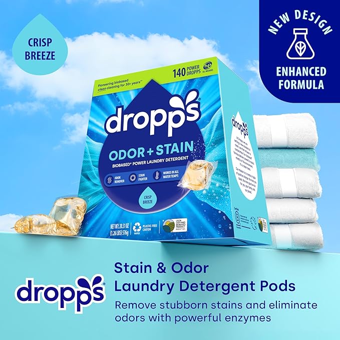Dropps Odor & Stain Biobased Power Laundry Detergent Pods, Crisp Breeze HE Compatible Laundry Pods for Fresh Clothes - Laundry Soap Supplies & Recyclable Paperboard Packaging