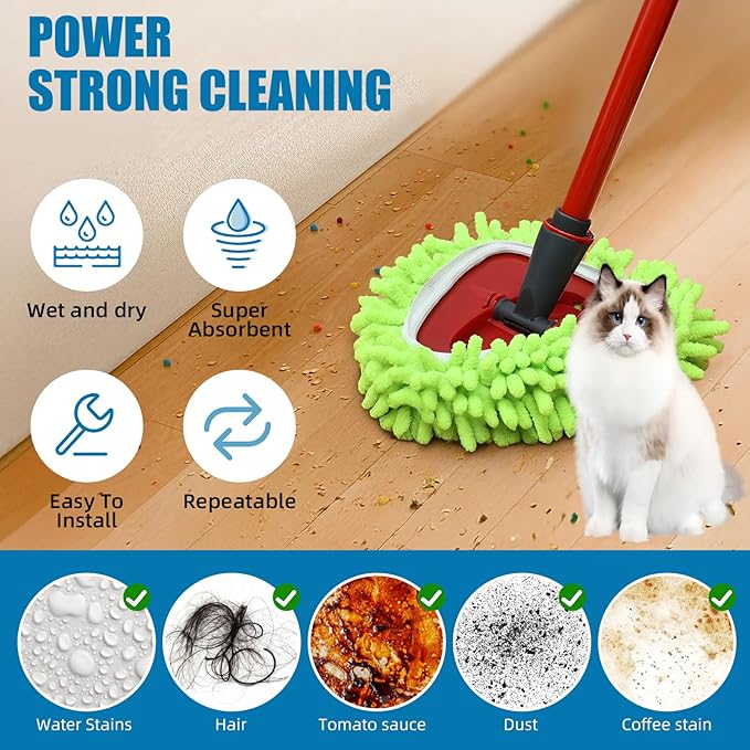 Spin Mop Heads Replacements Compatible with Ocedar Easywring 1 Tank System 6 Pack Microfiber Chenille Mops Pad Refill for O Cedar Floor Clean,Washable Dry/Wet Use Dust Mops