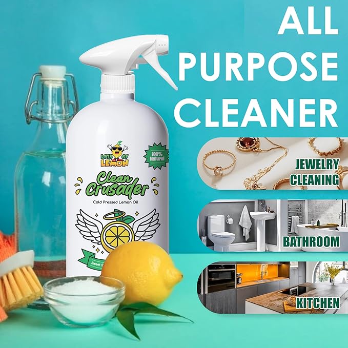 Clean Crusader 24 oz Natural Cold Pressed Lemon Oil Multipurpose Cleaner Spray for Kitchen, Bathroom, Hardwood Floors at home and office | 3 simple ingredients | Made in USA