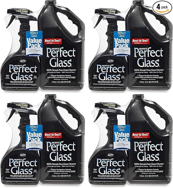 HOPE'S Perfect Glass Cleaner, Streak-Free, Ammonia-Free Window, Mirror, Screen, and Shower Door Cleaner, Indoor and Outdoor Glass Surfaces, 32 Fl Oz Spray Bottle and 67.6 Fl Oz Refill, Pack of 4