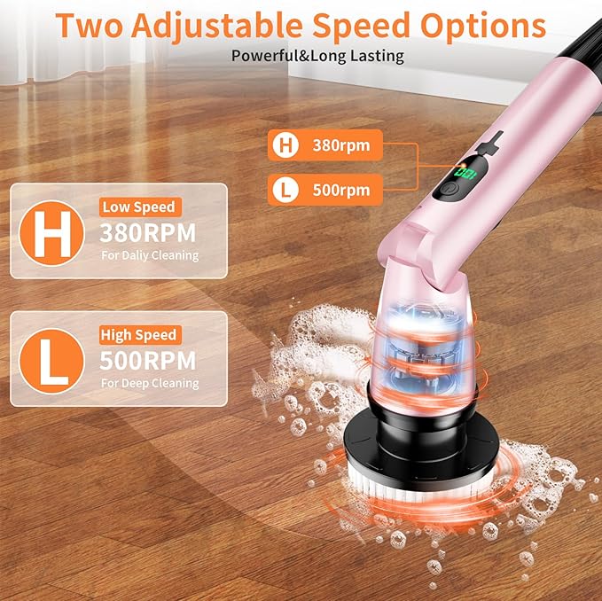 11 in 1 Electric Spin Scrubber Cordless Cleaning Brush 3 Adjustable Angles 2 Adjustable Speeds LED Display Shower Cleaner Brush Supplies Extension Long Handle for Bathroom Floor Tile Toilet Waterproof