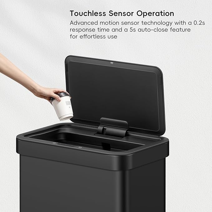 EKO Nova Sensor Trash Can, 21 Gallon/80 Liter Stainless Steel Rectangular Touchless Motion Sensor Trash Can, Matte Black